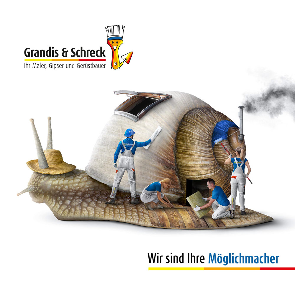 Das Haus einer Schnecke wird umgebaut von 4 Handwerkern. Kampagnengrafik für Grandis und Schreck